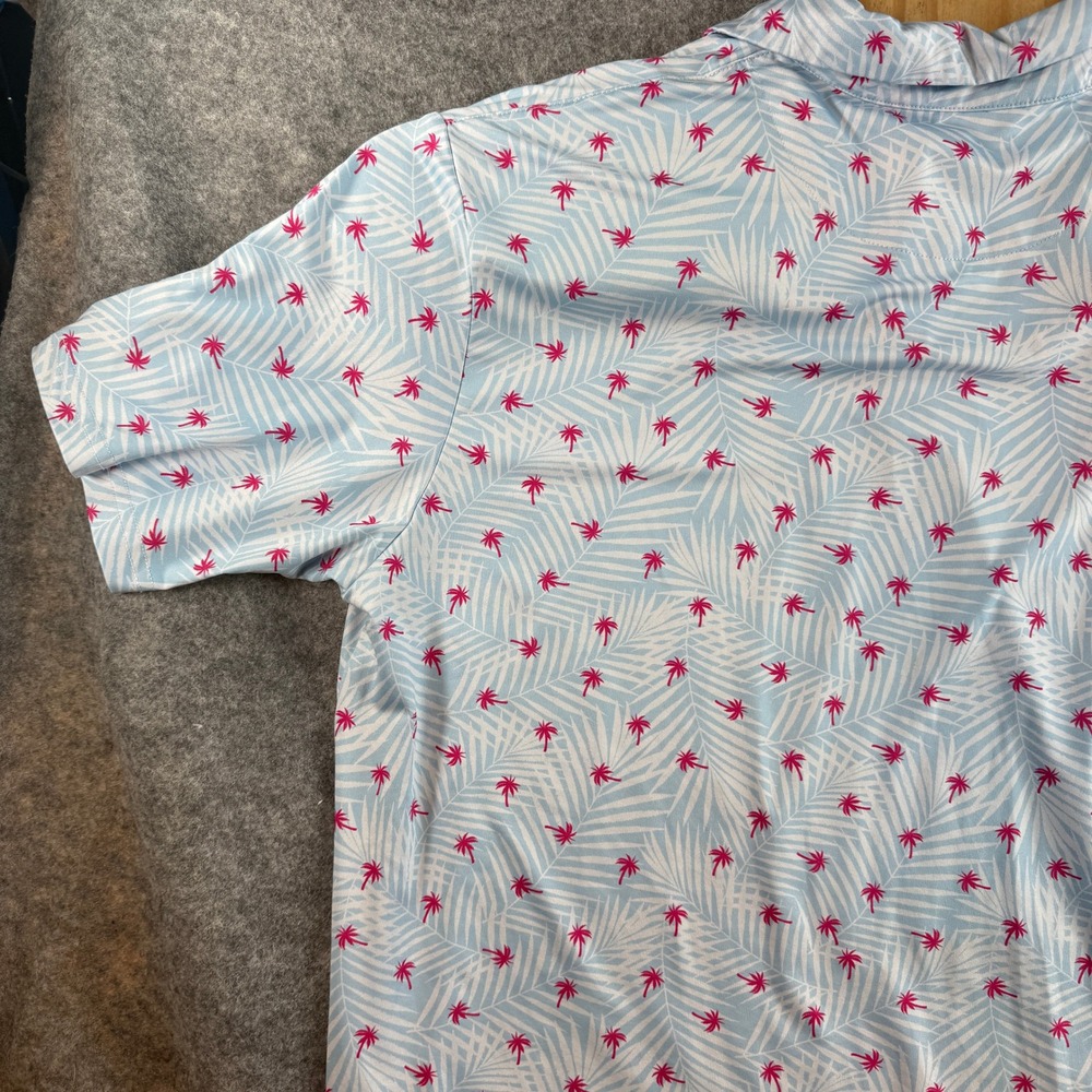 Pins & Aces Polo Shirt Men XXL Blue Pink Tropical Palm Tree Performance Golf Tee - Picture 8 of 13